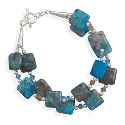 Sterling Silver Double Strand Blue Agate and Crystal Bracelet