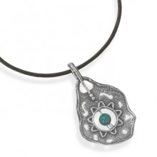 Black Leather Sterling Silver Ornate Turquoise Pendant Necklace
